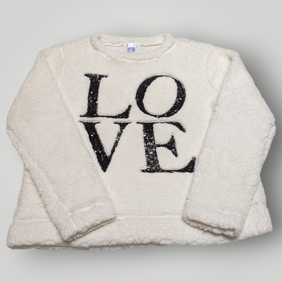 VENUS Tops - Venus Women's L White Fluffy Sherpa LOVE Long Sleeve Pullover Sweater Sweatshirt